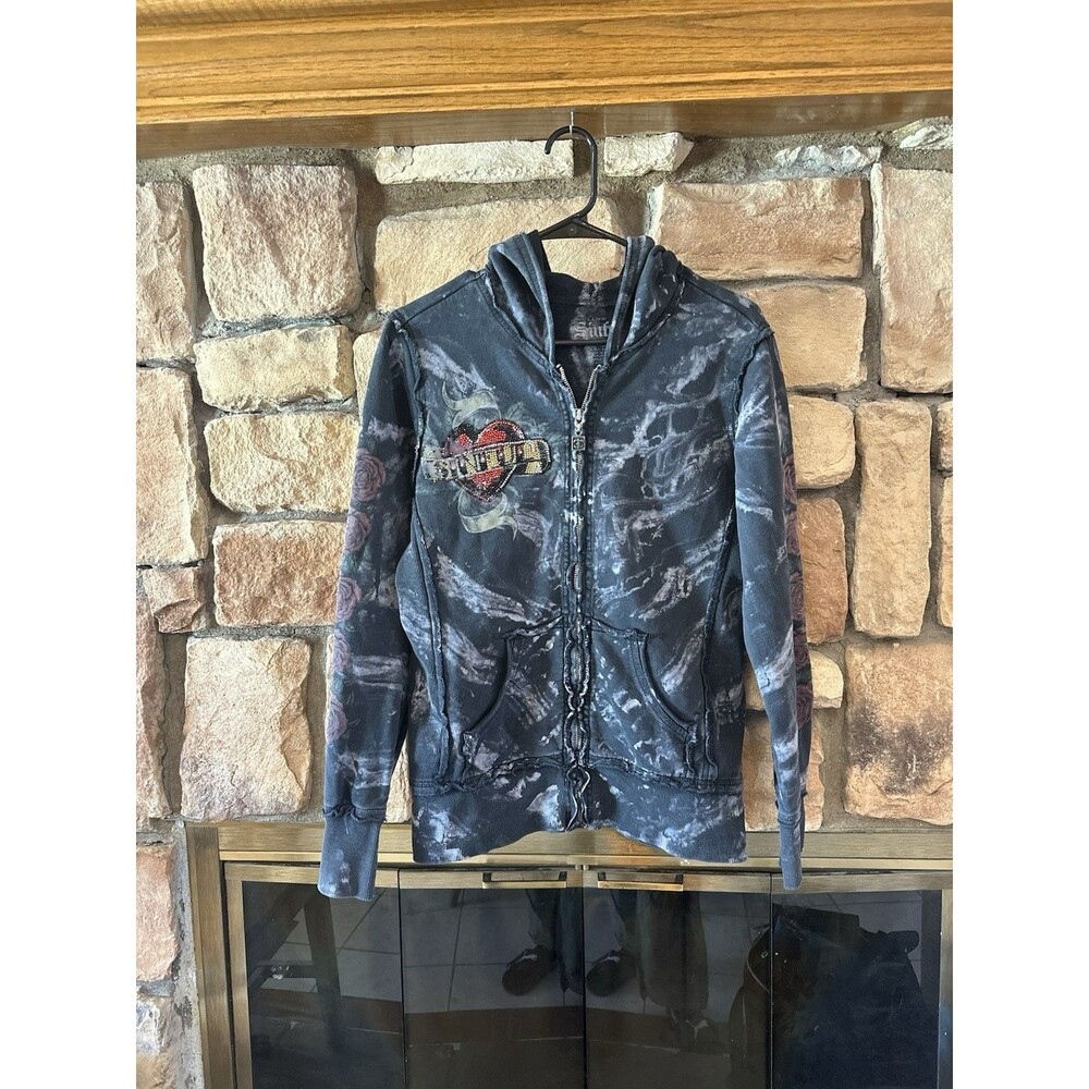 Sinful Affliction Y2K Zip Up Hoodie Women L Black Rhinestone Tie Dye Grunge Rose